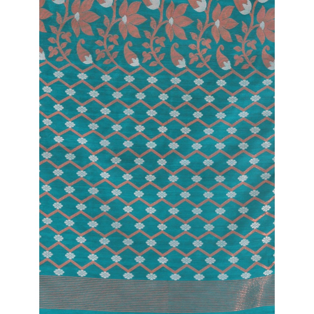 CHARUKRITI Teal Cotton Zari Border Saree with Unstitched Blouse