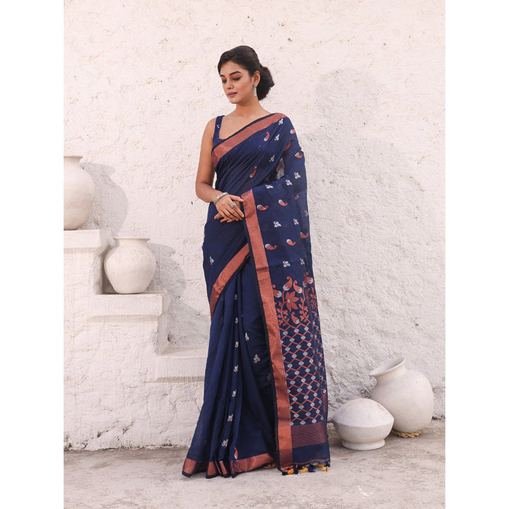 CHARUKRITI Navy Blue Cotton Zari Border Saree with Unstitched Blouse