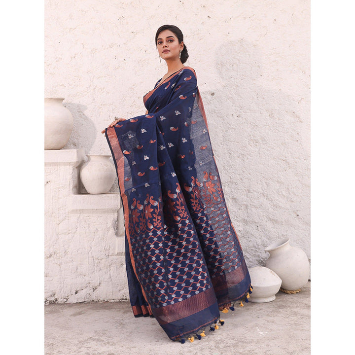 CHARUKRITI Navy Blue Cotton Zari Border Saree with Unstitched Blouse