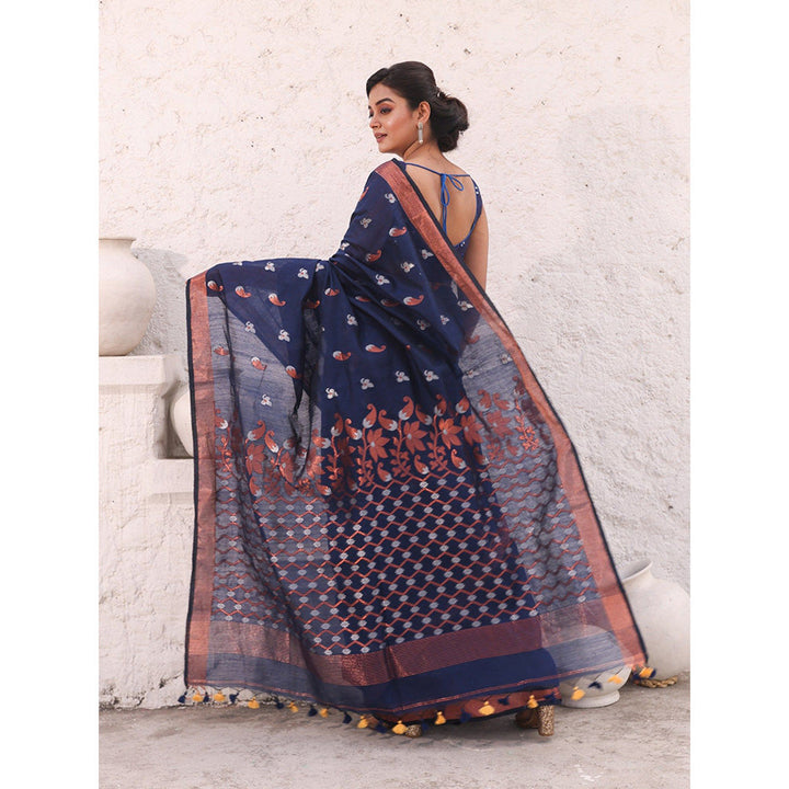 CHARUKRITI Navy Blue Cotton Zari Border Saree with Unstitched Blouse