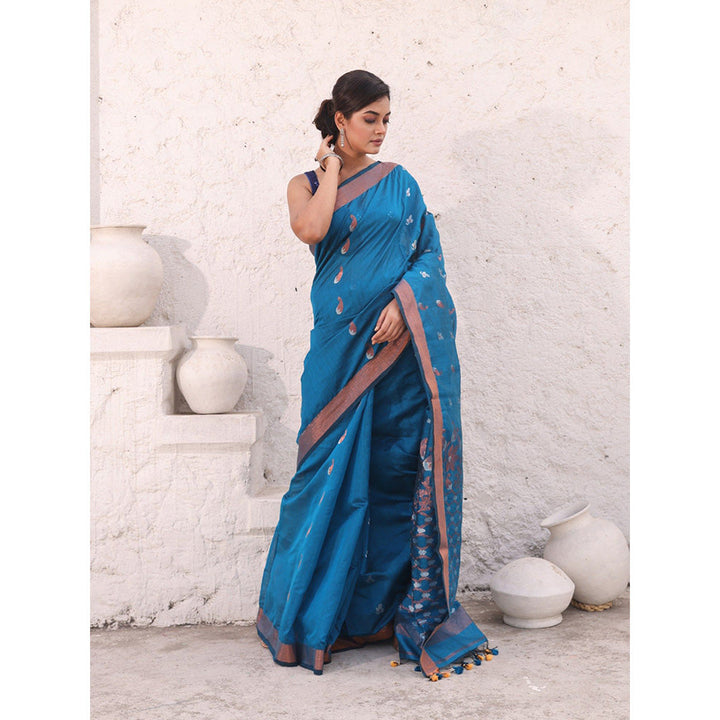 CHARUKRITI Blue Cotton Zari Border Saree with Unstitched Blouse