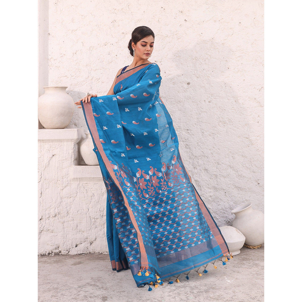 CHARUKRITI Blue Cotton Zari Border Saree with Unstitched Blouse