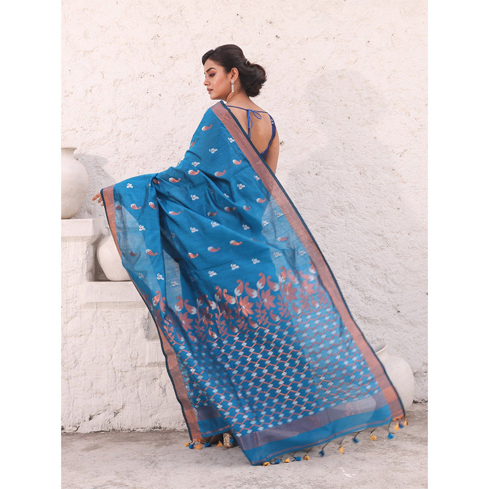 CHARUKRITI Blue Cotton Zari Border Saree with Unstitched Blouse