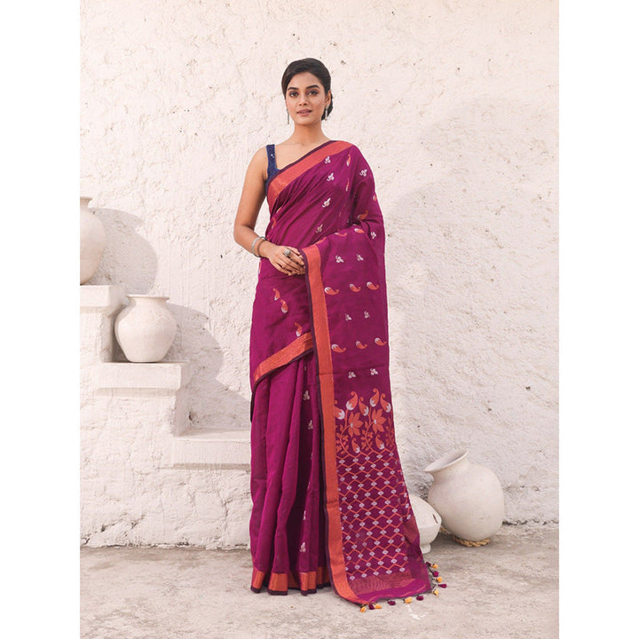 CHARUKRITI Magenta Cotton Zari Border Saree with Unstitched Blouse