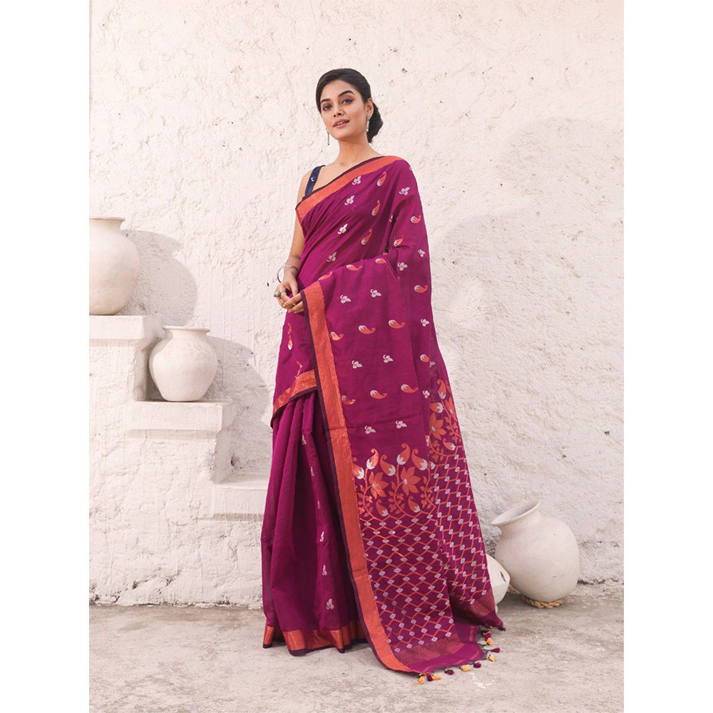 CHARUKRITI Magenta Cotton Zari Border Saree with Unstitched Blouse