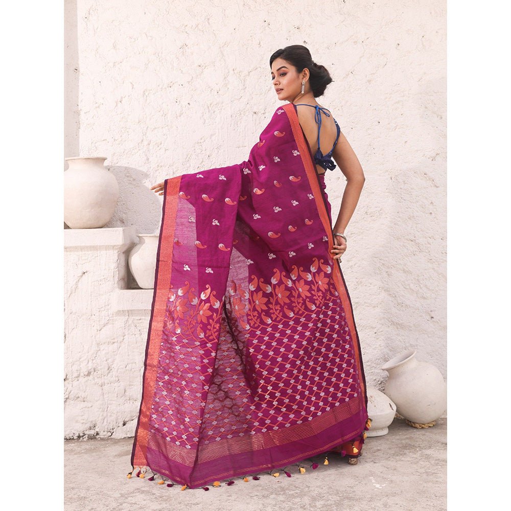 CHARUKRITI Magenta Cotton Zari Border Saree with Unstitched Blouse