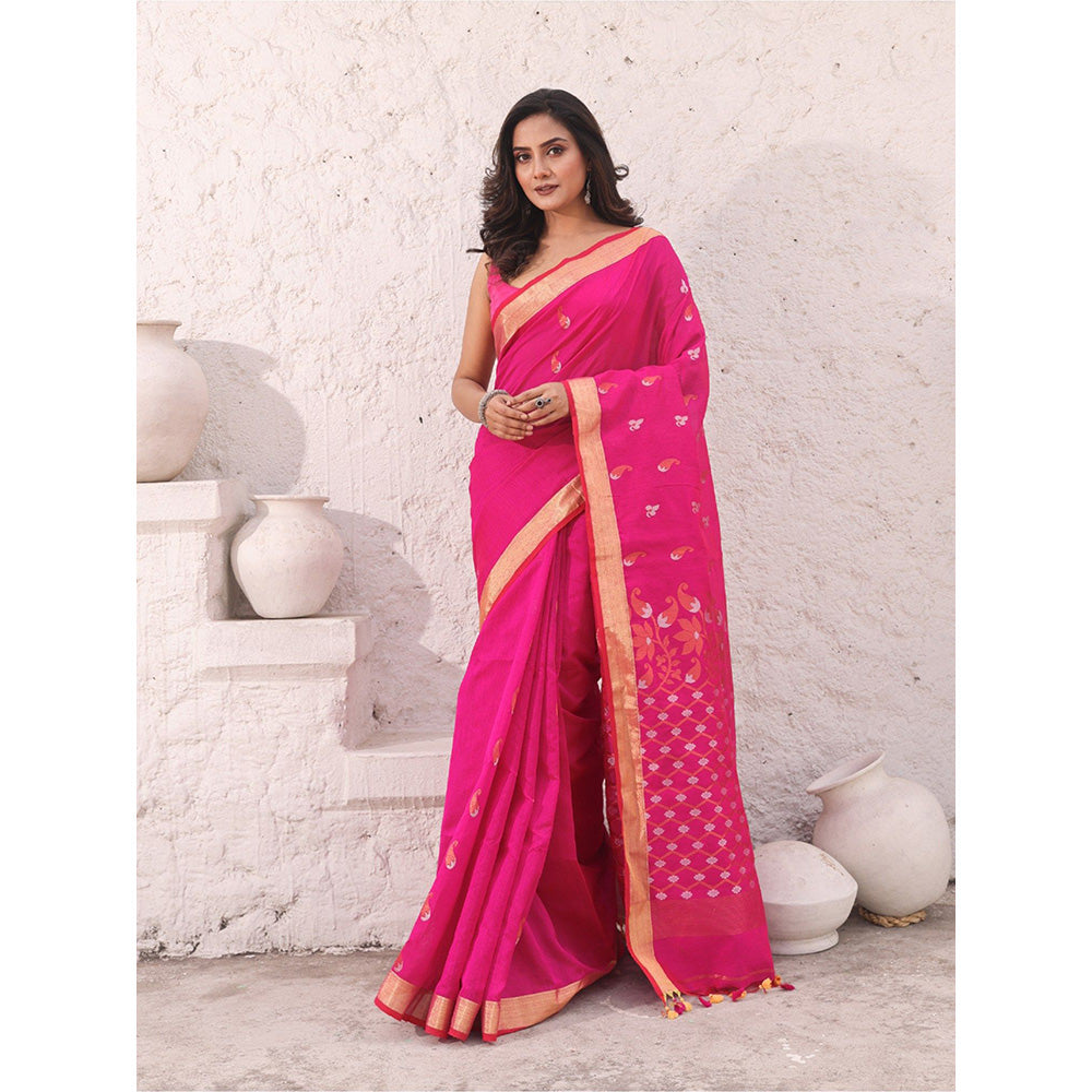 CHARUKRITI Hot Pink Cotton Zari Border Saree with Unstitched Blouse