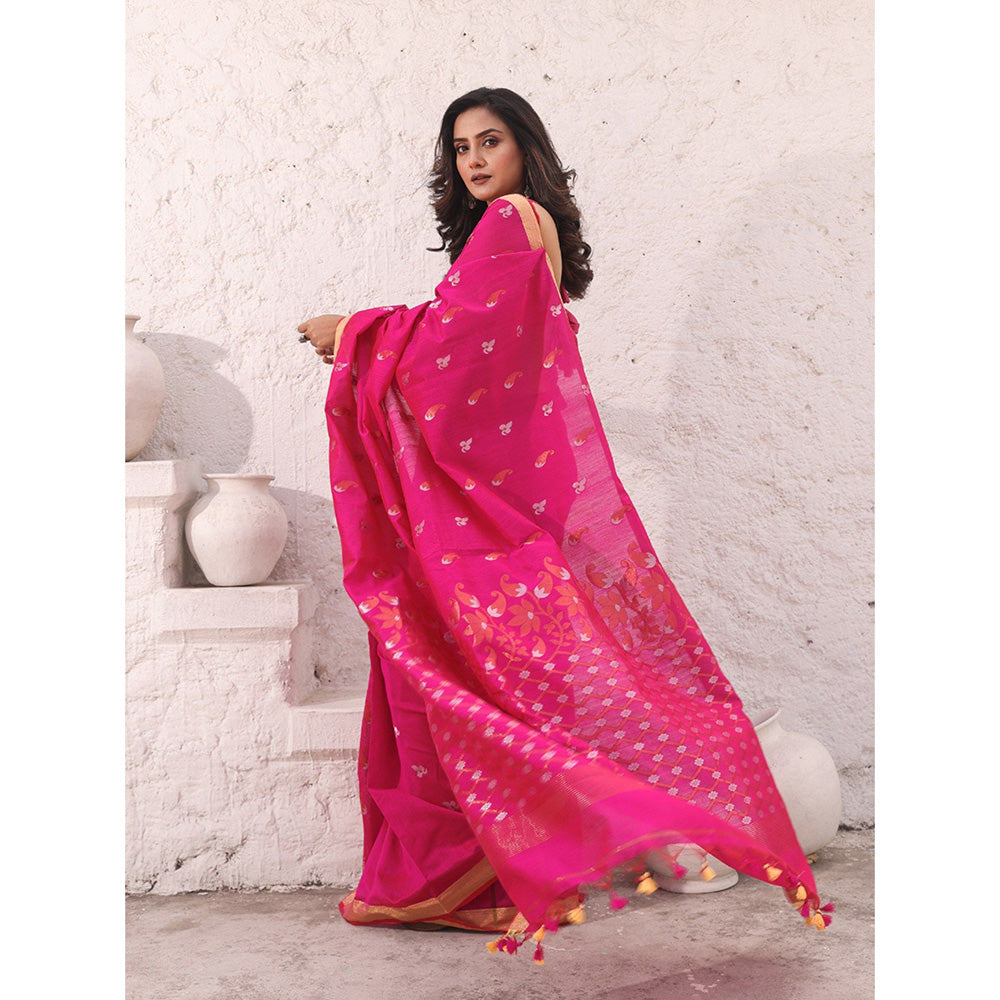 CHARUKRITI Hot Pink Cotton Zari Border Saree with Unstitched Blouse