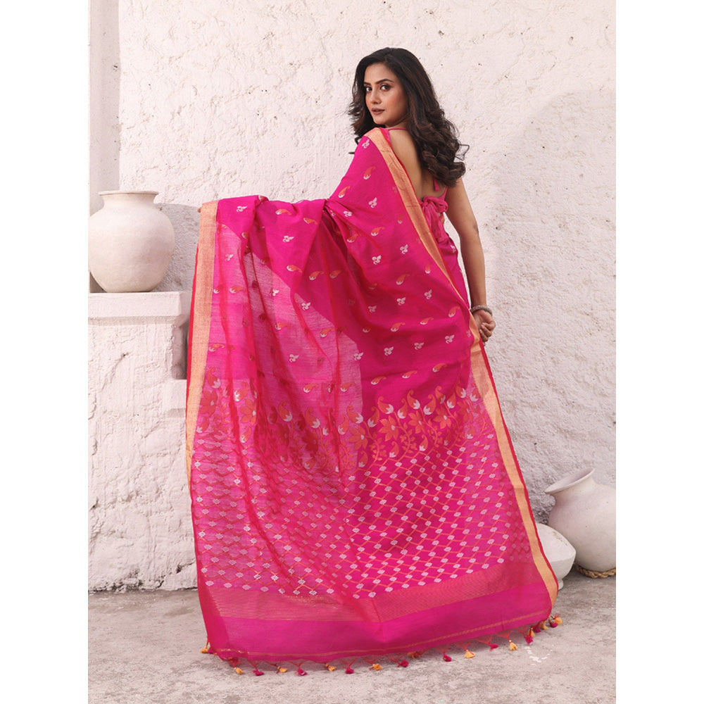 CHARUKRITI Hot Pink Cotton Zari Border Saree with Unstitched Blouse