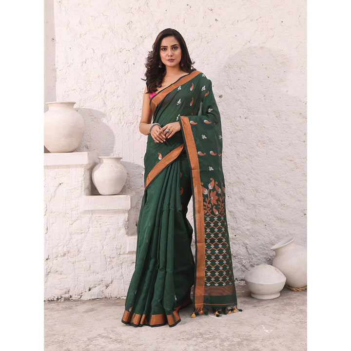 CHARUKRITI Pine Green Cotton Zari Border Saree with Unstitched Blouse