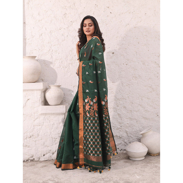 CHARUKRITI Pine Green Cotton Zari Border Saree with Unstitched Blouse