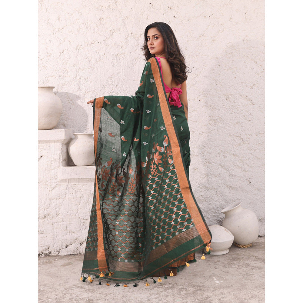 CHARUKRITI Pine Green Cotton Zari Border Saree with Unstitched Blouse