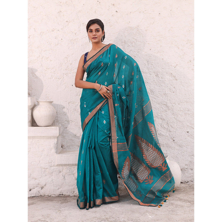 CHARUKRITI Teal Cotton Zari Border Woven Designs Saree with Unstitched Blouse