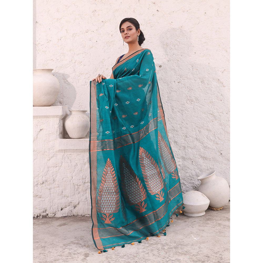 CHARUKRITI Teal Cotton Zari Border Woven Designs Saree with Unstitched Blouse