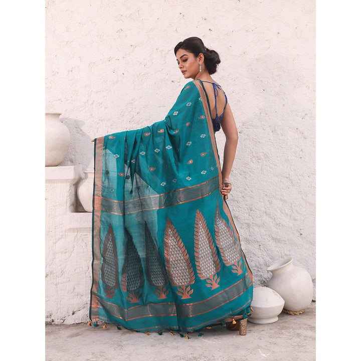 CHARUKRITI Teal Cotton Zari Border Woven Designs Saree with Unstitched Blouse