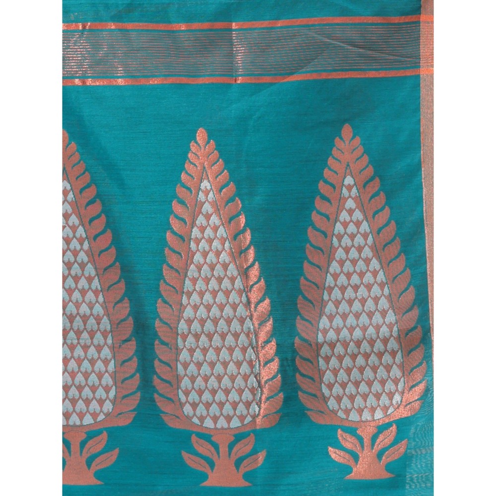 CHARUKRITI Teal Cotton Zari Border Woven Designs Saree with Unstitched Blouse