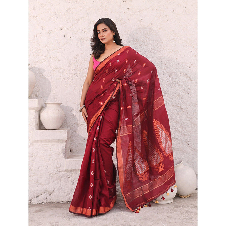 CHARUKRITI Dark Red Cotton Zari Border Woven Designs Saree with Unstitched Blouse