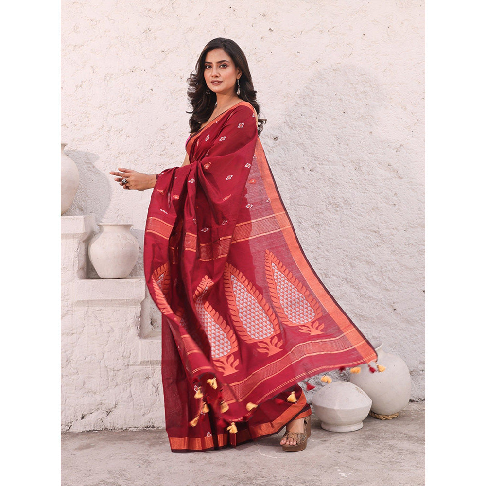 CHARUKRITI Dark Red Cotton Zari Border Woven Designs Saree with Unstitched Blouse