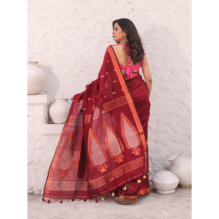 CHARUKRITI Dark Red Cotton Zari Border Woven Designs Saree with Unstitched Blouse