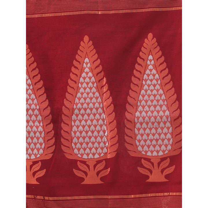 CHARUKRITI Dark Red Cotton Zari Border Woven Designs Saree with Unstitched Blouse