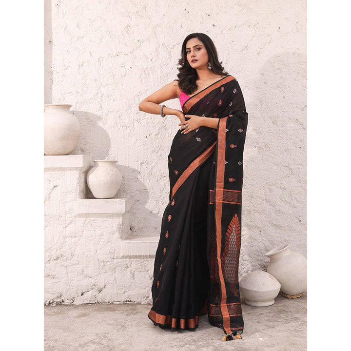 CHARUKRITI Black Cotton Zari Border Woven Designs Saree with Unstitched Blouse