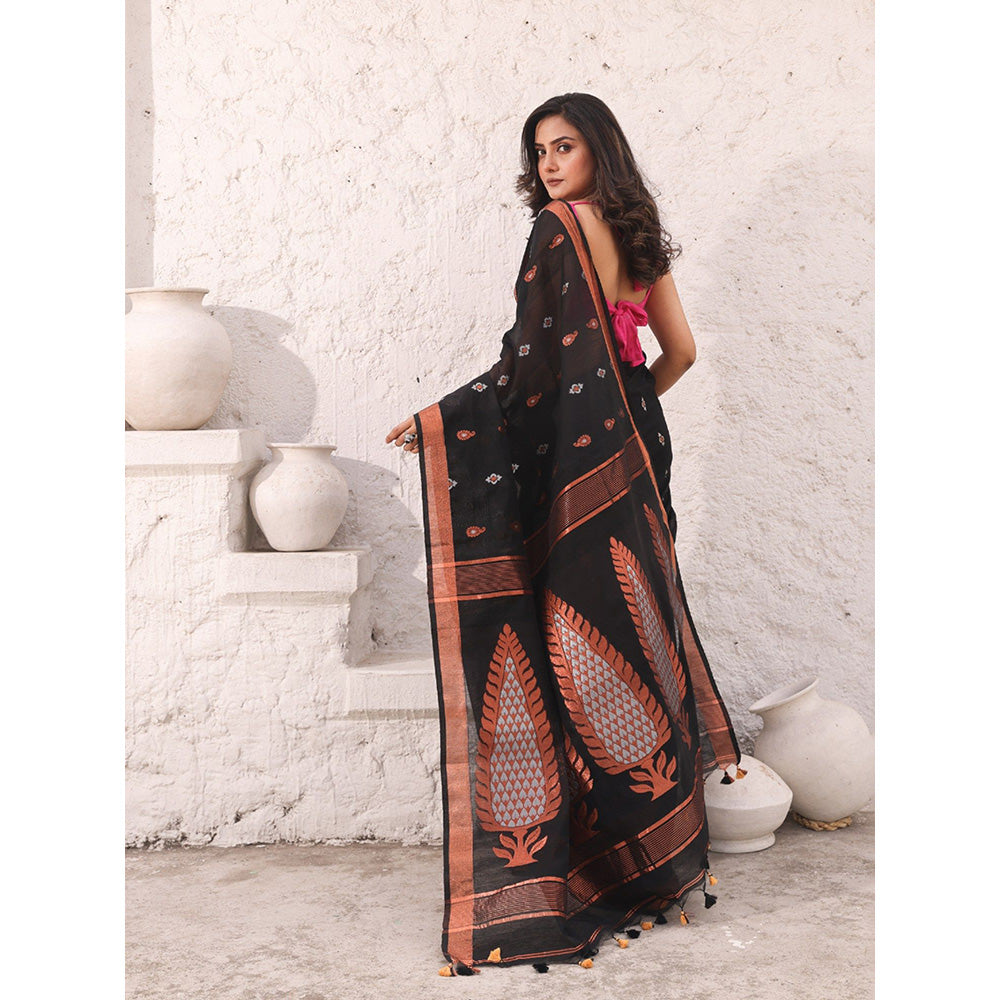 CHARUKRITI Black Cotton Zari Border Woven Designs Saree with Unstitched Blouse