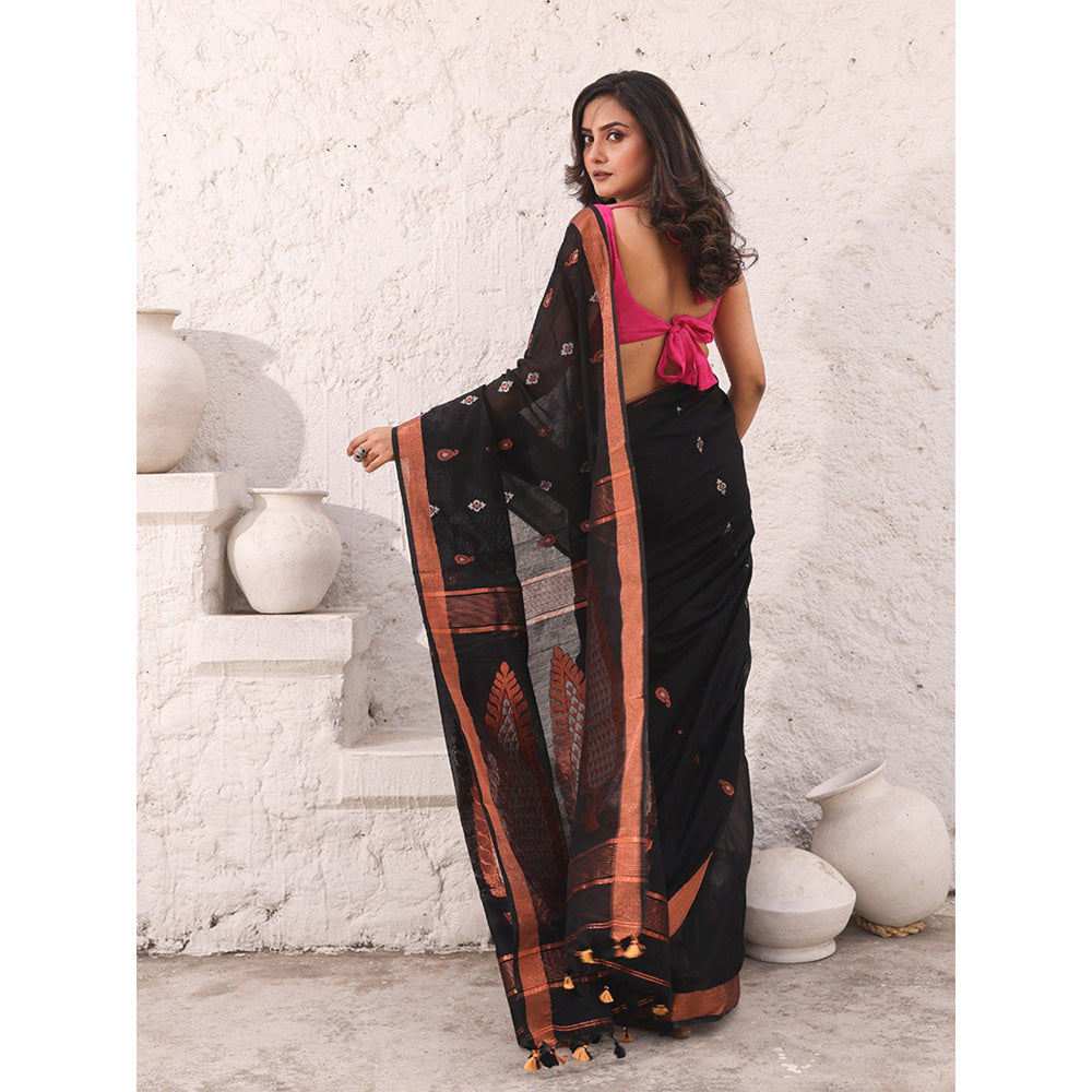 CHARUKRITI Black Cotton Zari Border Woven Designs Saree with Unstitched Blouse