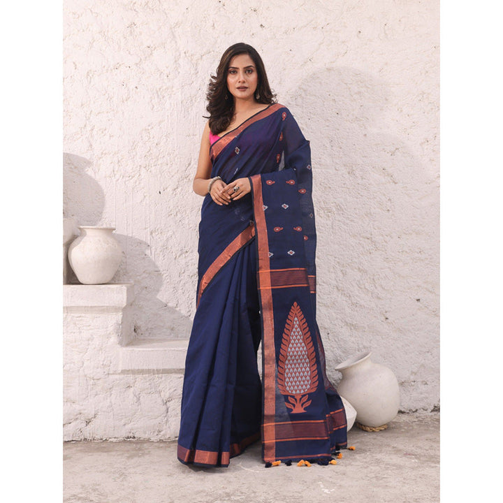 CHARUKRITI Navy Blue Cotton Zari Border Woven Designs Saree with Unstitched Blouse