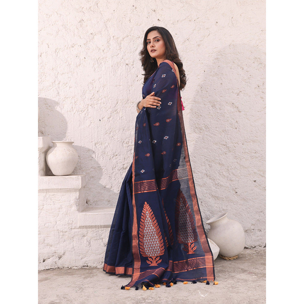 CHARUKRITI Navy Blue Cotton Zari Border Woven Designs Saree with Unstitched Blouse