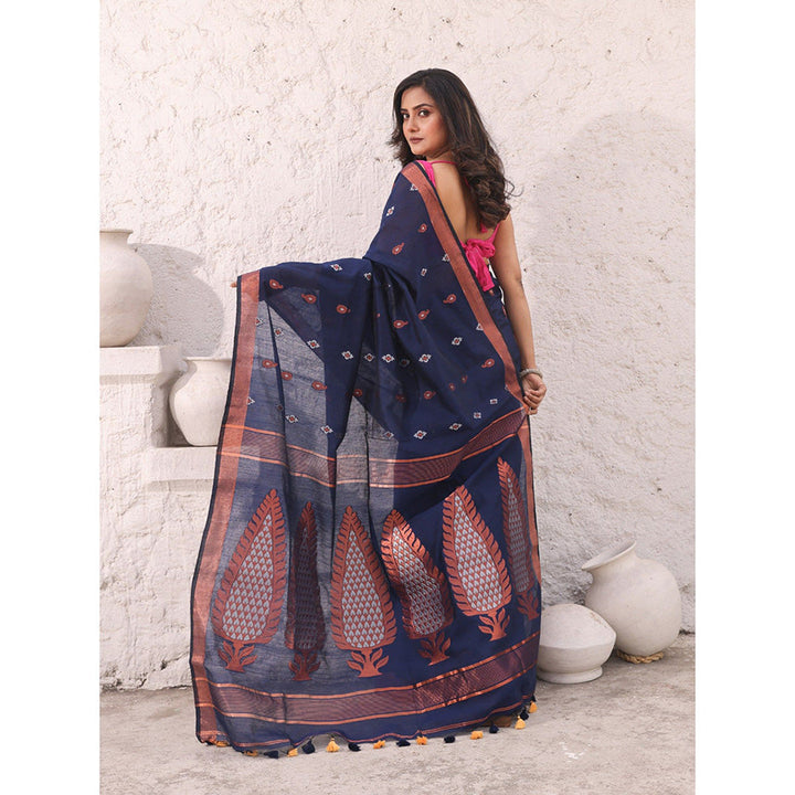 CHARUKRITI Navy Blue Cotton Zari Border Woven Designs Saree with Unstitched Blouse