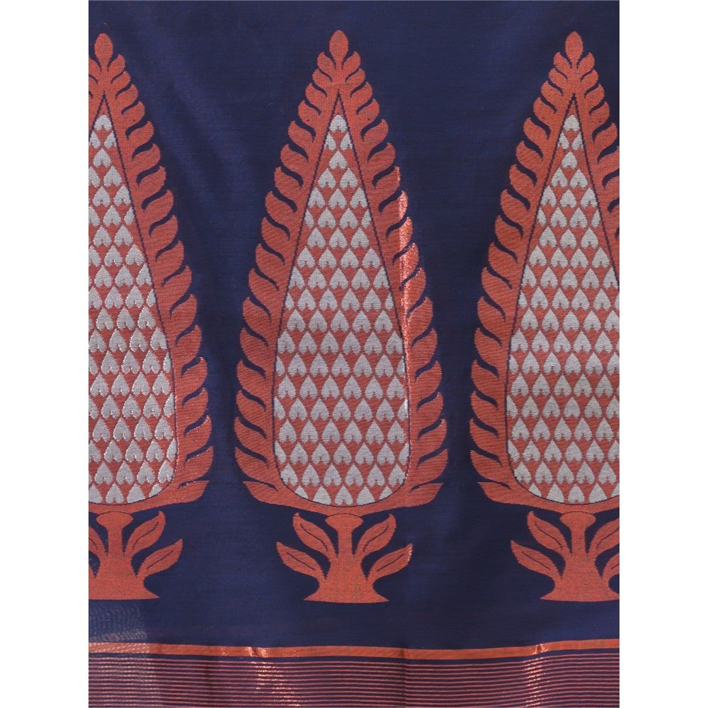 CHARUKRITI Navy Blue Cotton Zari Border Woven Designs Saree with Unstitched Blouse