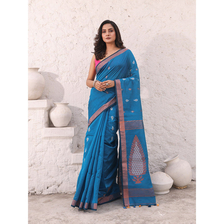 CHARUKRITI Sku Blue Cotton Zari Border Woven Designs Saree with Unstitched Blouse