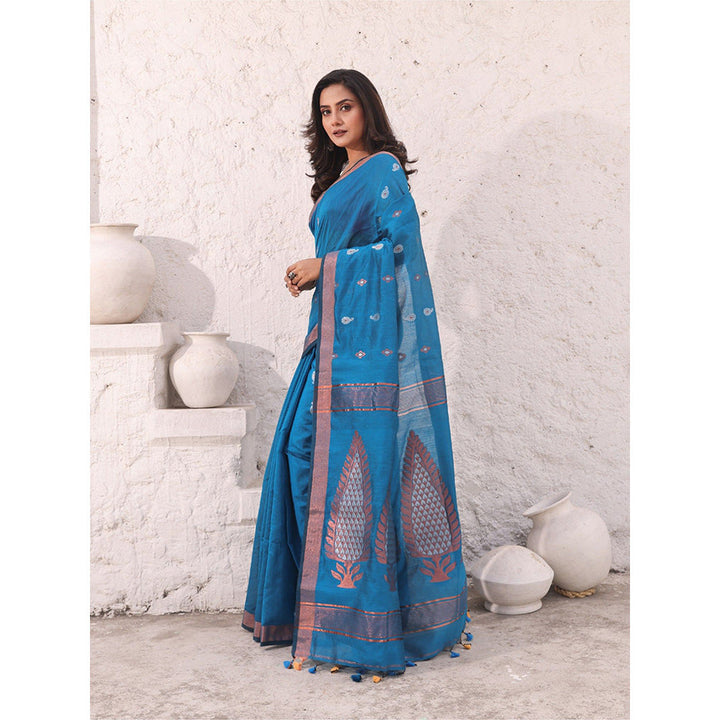 CHARUKRITI Sku Blue Cotton Zari Border Woven Designs Saree with Unstitched Blouse