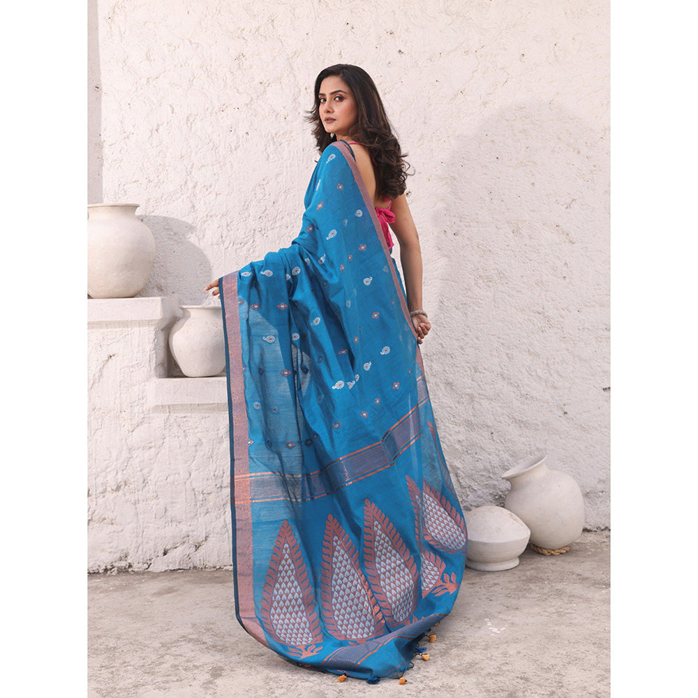 CHARUKRITI Sku Blue Cotton Zari Border Woven Designs Saree with Unstitched Blouse