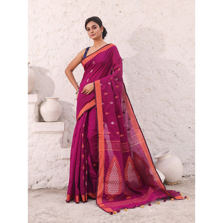 CHARUKRITI Pink Cotton Zari Border Woven Designs Saree with Unstitched Blouse