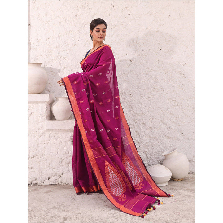 CHARUKRITI Pink Cotton Zari Border Woven Designs Saree with Unstitched Blouse