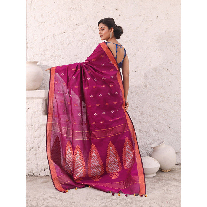 CHARUKRITI Pink Cotton Zari Border Woven Designs Saree with Unstitched Blouse