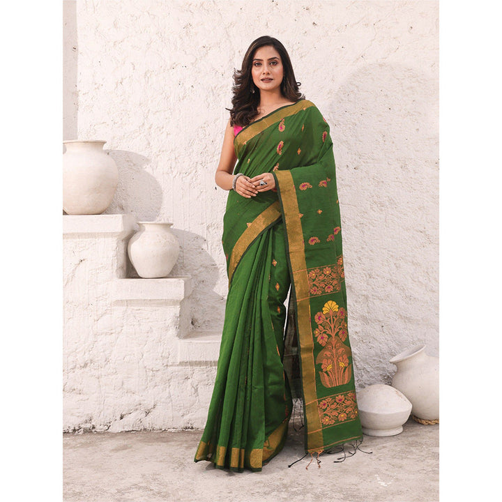 CHARUKRITI Moss Green Cotton Woven Designs Zari Border Saree with Unstitched Blouse