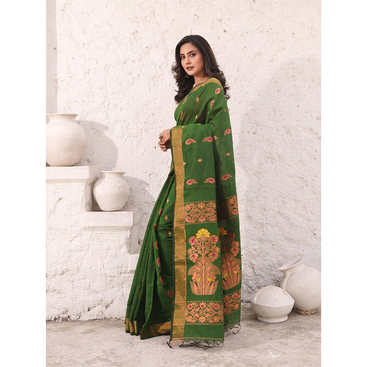 CHARUKRITI Moss Green Cotton Woven Designs Zari Border Saree with Unstitched Blouse