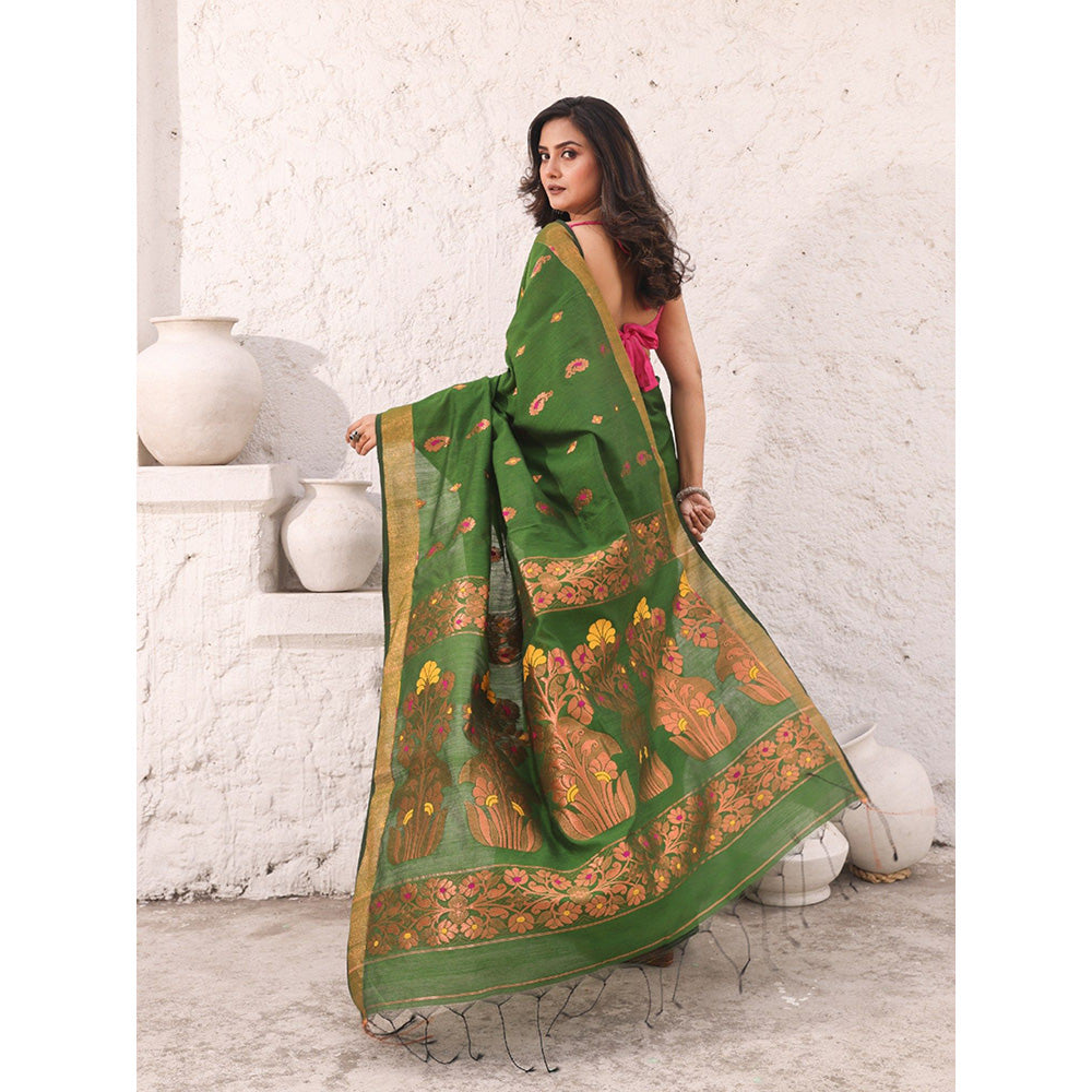 CHARUKRITI Moss Green Cotton Woven Designs Zari Border Saree with Unstitched Blouse