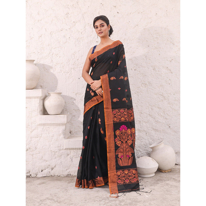 CHARUKRITI Black Cotton Woven Designs Zari Border Saree with Unstitched Blouse