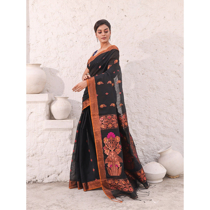 CHARUKRITI Black Cotton Woven Designs Zari Border Saree with Unstitched Blouse