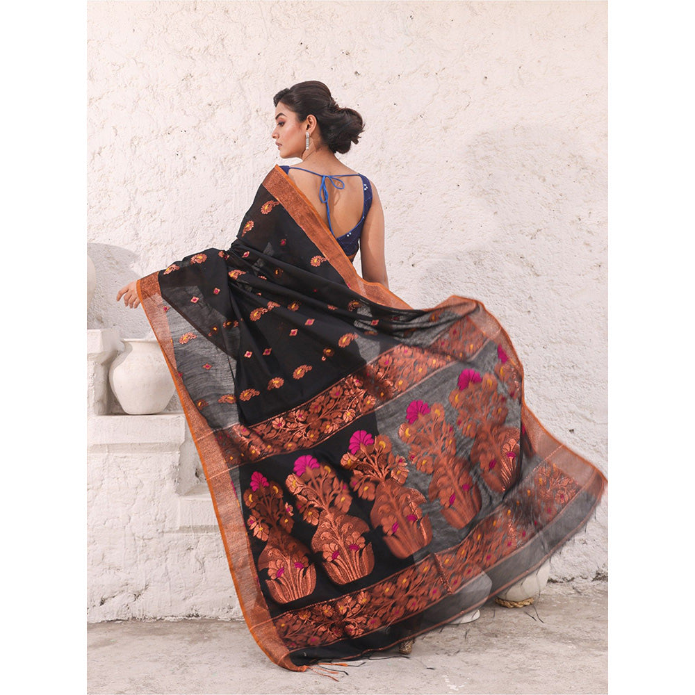 CHARUKRITI Black Cotton Woven Designs Zari Border Saree with Unstitched Blouse