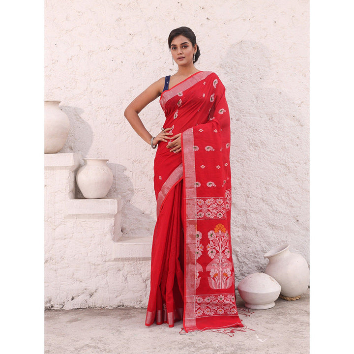 CHARUKRITI Red Cotton Woven Designs Zari Border Saree with Unstitched Blouse