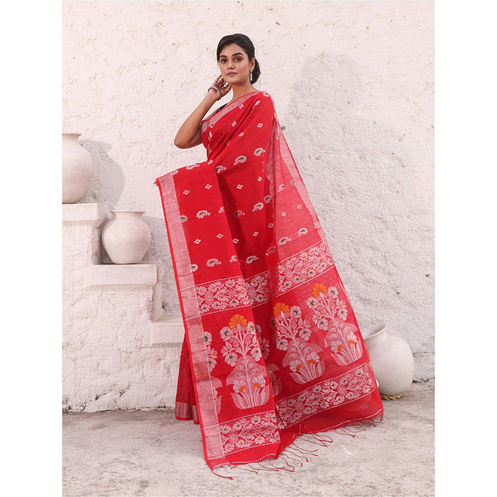 CHARUKRITI Red Cotton Woven Designs Zari Border Saree with Unstitched Blouse