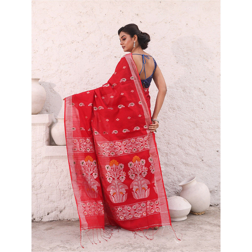 CHARUKRITI Red Cotton Woven Designs Zari Border Saree with Unstitched Blouse