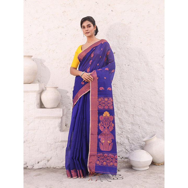 CHARUKRITI Royal Blue Cotton Woven Designs Zari Border Saree with Unstitched Blouse