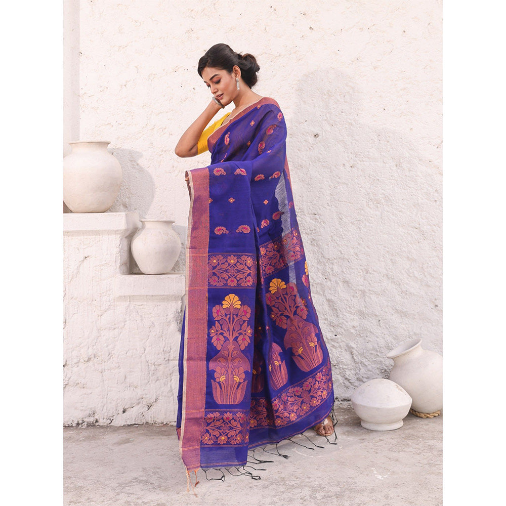 CHARUKRITI Royal Blue Cotton Woven Designs Zari Border Saree with Unstitched Blouse