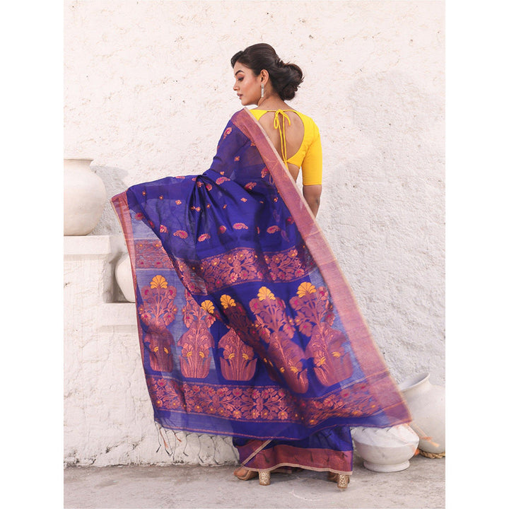 CHARUKRITI Royal Blue Cotton Woven Designs Zari Border Saree with Unstitched Blouse