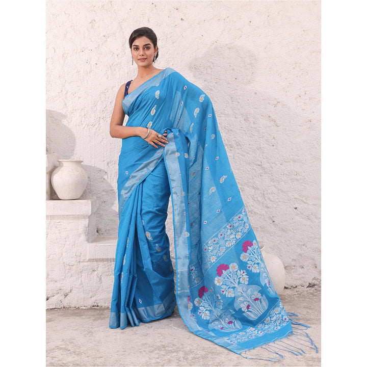 CHARUKRITI Sky Blue Cotton Saree With Woven Designs And Zari Border with Unstitched Blouse